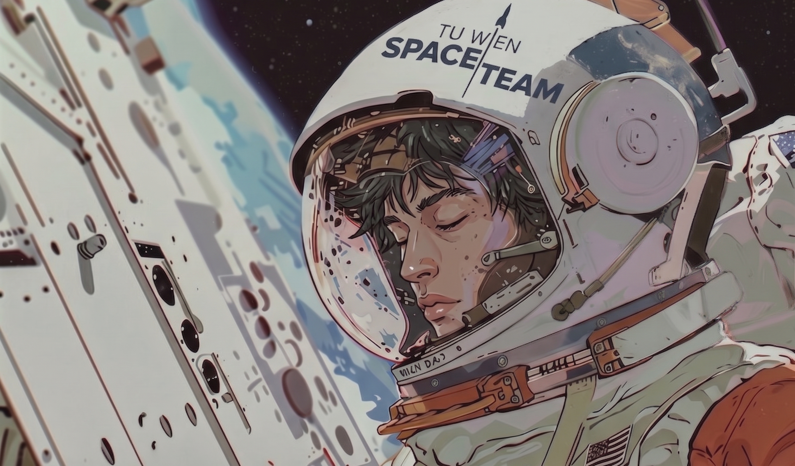 Illustration of an astronaut in a TU Wien Space Team helmet with Earth in the background